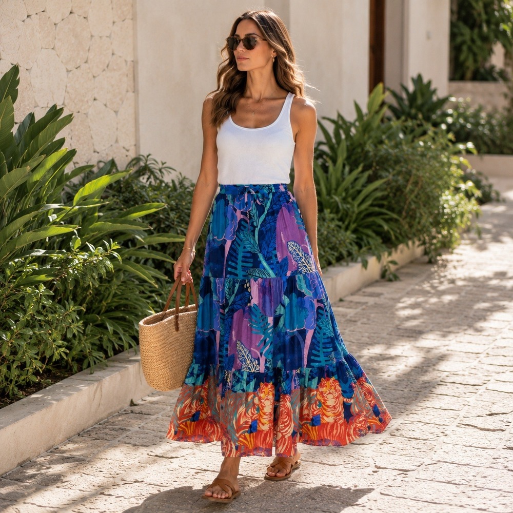 Anthropologie Cecilia Pettersson Bea Tiered Maxi Skirt XS Blue Tropical Boho